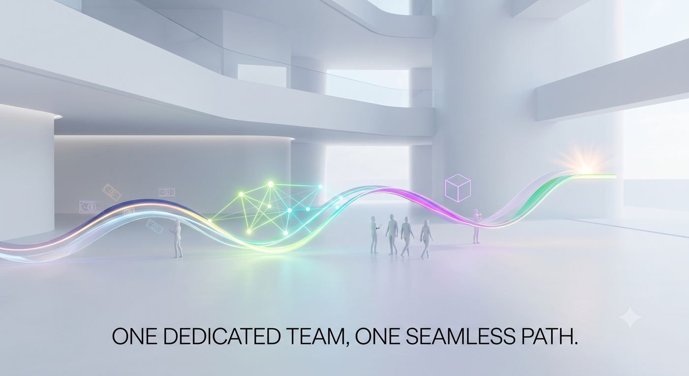 A bright white atrium with a ribbon of coloured light winding through it, passing a network of connected nodes and small figures walking along the path.